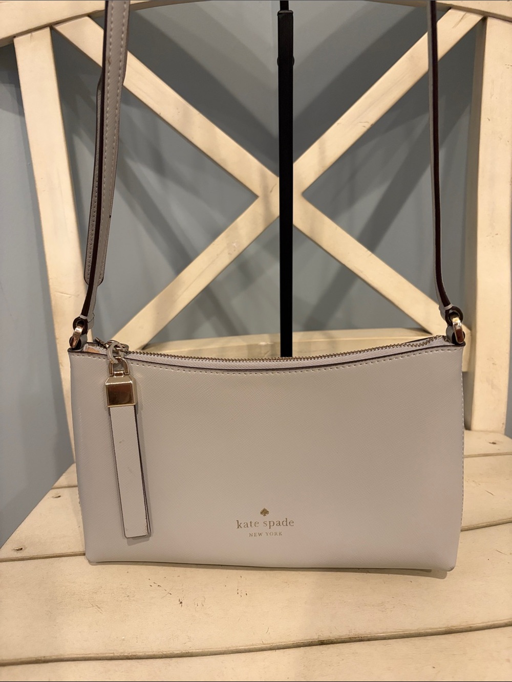 kate spade Sadie Pale Gray Saffiano Crossbody with Gold Hardware